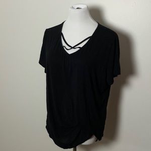 2X black t shirt, criss cross detail at neck